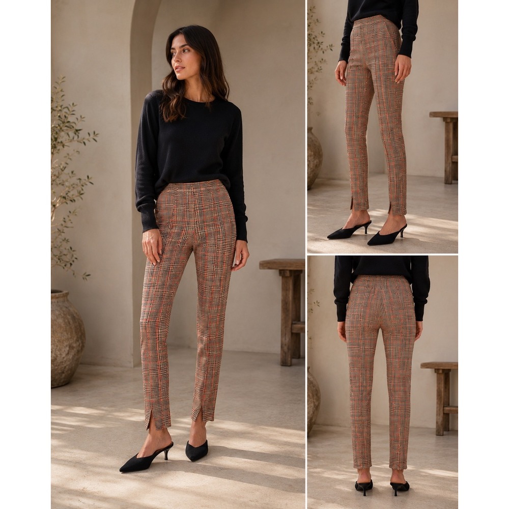 Free People Flyin High Plaid Skinny Pants Women's 6 Brown Tan Red Stretch Ankle